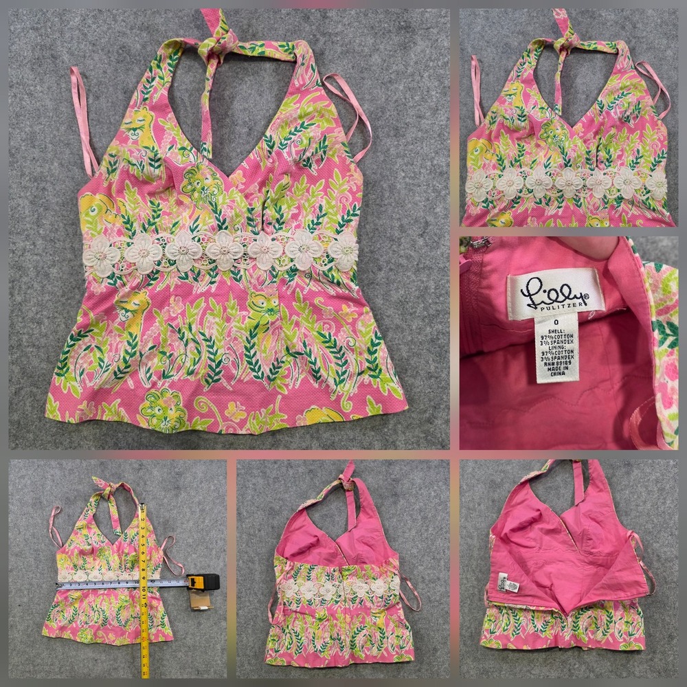 Lilly Pulitzer Tank Top Womens 0 Pink Floral Halter Crochet Lace Camisole Lined